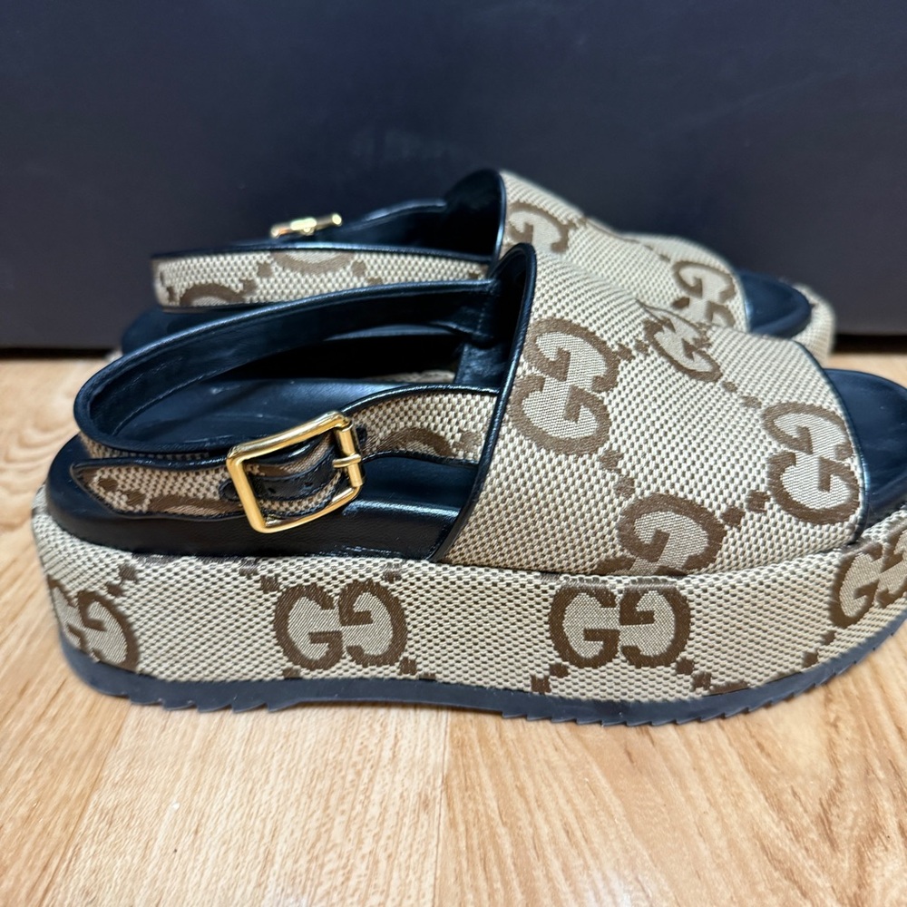 Gucci Brown and Beige GG Platform Slingback Sandals - Picture 2 of 10